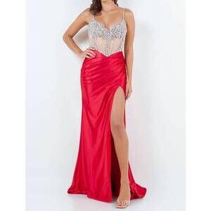 NEW CINDERELLA COUTURE beaded sheer corset slit gown in red/silver